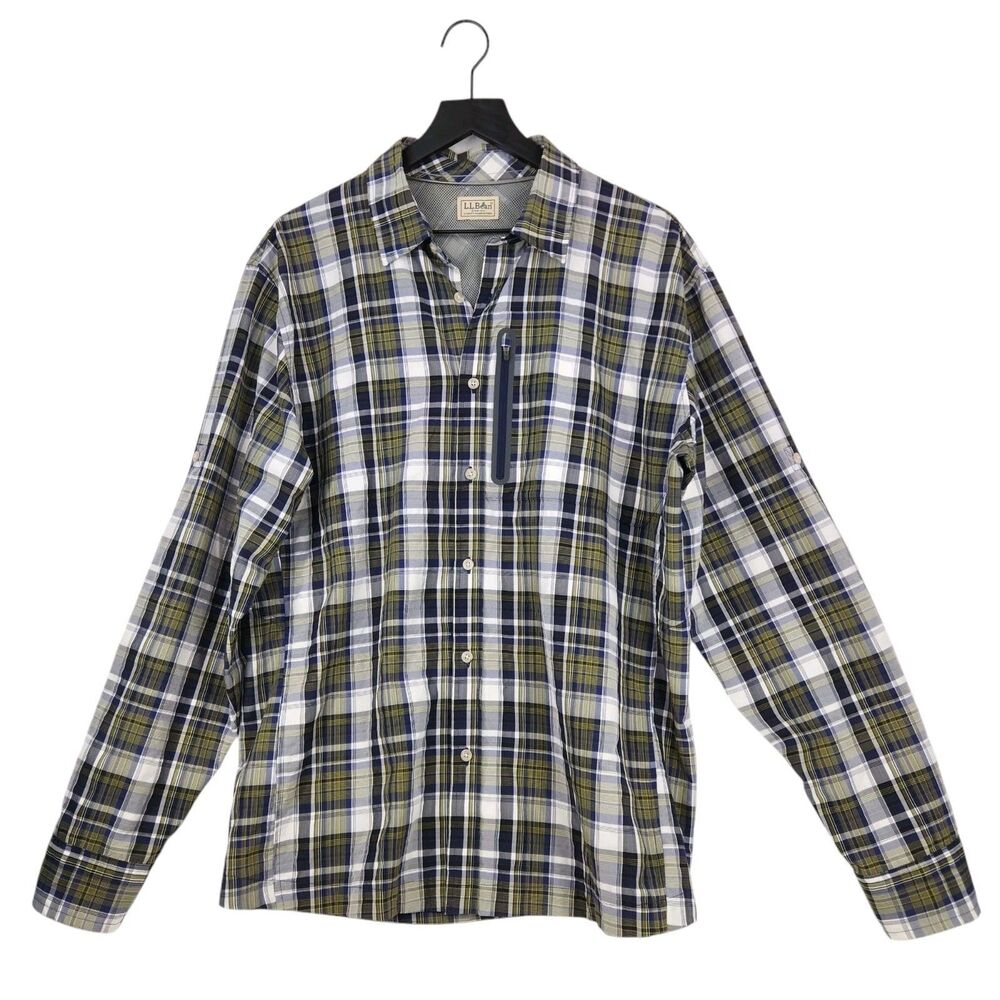 L.L. Bean Womens Button Up Polyester Shirt *XL* Plaid Roll Tab Sleeve Outdoors